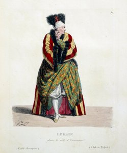 Francuski aktor Henri Louis Cain nazwany Lekain lub Le Kain (1729-1778) w roli Orosmane w sztuce Woltera Zair (1694-1746) we francuskiej komedii. Litografia Hippolyte