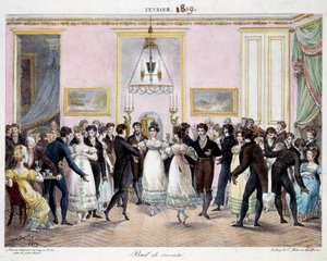 Bal Societe w Paryżu w magazynie kredek Conte, place du palais royal w lutym 1819 Litografia autorstwa Hippolyte Lecomte (1781-1857) 1819. Paryż, Musee Carnavalet autorstwa Hippolyte Lecomte