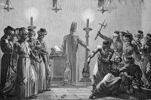 Rytualne morderstwo popełnione przez Danitów, zgodnie z zarzutami przeciwników mormonów, narysowane przez Dawida i rytowane przez A. Gusmanda