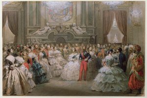 Królowa Wiktoria (1819-1901) i książę Albert (1819-61) na uroczystej kolacji wydanej przez Napoleona III i Eugenię, 1853 (wc na papierze)