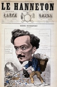 Karykatura Henri Rocheforta (1831-1913), francuskiego dziennikarza, pisarza i polityka. W Le Hanneton, 4 czerwca