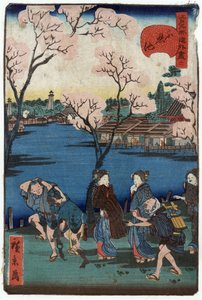 Staw Shinobazu, Tokio, Japonia: grupa ludzi spacerujących wzdłuż brzegu stawu Shinobazu, z kwiatami wiśni i mieszkaniami w tle