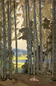 Kury w drewnie bambusowym (kolorowy drzeworyt) autorstwa Hiroshi Yoshida