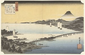 Wieczorny blask w Seta Seta no sekisho (tytuł na obiekcie) Osiem widoków prowincji Omi (tytuł serii) Omi hakkei (tytuł serii na obiekcie) autorstwa Hiroshige (I) , Utagawa