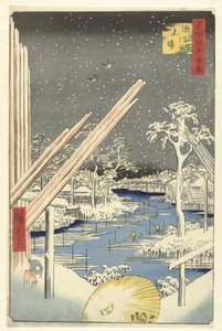 Skład drewna w Fukagawa Fukagawa kiba (tytuł na obiekcie) Sto słynnych twarzy na Edo (tytuł serii) Meisho Edo hyakkei (tytuł serii na obiekcie) autorstwa Hiroshige (I) , Utagawa