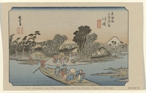 Kawasaki Nr 3. Kawasaki: jedno z pięćdziesięciu trzech odnotowanych miejsc z Tokaido. Malowane przez Hiroshige (tytuł na obiekcie) De Tôkaido van Hiroshige (tytuł serii) Hiroshige no fude Tôkaidô (tytuł serii na obiekcie) autorstwa Hiroshige (I) , Utagawa