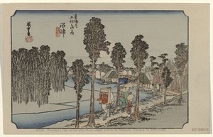 Namazu Nr 13: Namazu: jedno z pięćdziesięciu trzech odnotowanych miejsc na Tokaido. Malowane przez Hiroshige (tytuł na obiekcie) De Tôkaido van Hiroshige (tytuł serii) Hiroshige no fude Tôkaidô (tytuł serii na obiekcie) autorstwa Hiroshige (I) , Utagawa