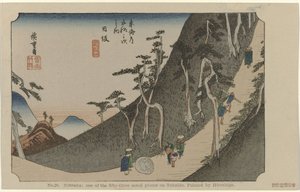 Nissaka Nr 26. Nissaka: jedno z pięćdziesięciu trzech odnotowanych miejsc na Tokaido, namalowane przez Hiroshige (tytuł na obiekcie) De Tôkaido van Hiroshige (tytuł serii) Hiroshige no fude Tôkaidô (tytuł serii na obiekcie)