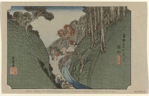 Okabe Nr 22. Okabe: jedno z pięćdziesięciu trzech odnotowanych miejsc na Tokaido, namalowane przez Hiroshige (tytuł na obiekcie) De Tôkaido van Hiroshige (tytuł serii) Hiroshige no fude Tôkaidô (tytuł serii na obiekcie) autorstwa Hiroshige (I) , Utagawa