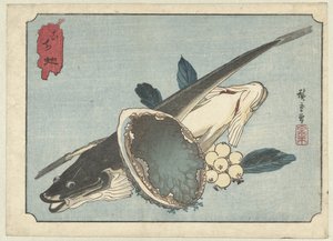 Płastugi, uchowiec i jagody Kochi awabi (tytuł na obiekcie) autorstwa Hiroshige (I) , Utagawa