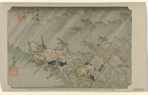 Shono Nr 46. Shono: jedno z pięćdziesięciu trzech odnotowanych miejsc na Tokaido, namalowane przez Hiroshige (tytuł na obiekcie) De Tôkaido van Hiroshige (tytuł serii) Hiroshige no fude Tôkaidô (tytuł serii na obiekcie) autorstwa Hiroshige (I) , Utagawa