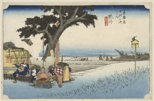 Theehuis in de buitenlucht in Fukuroi Fukuroi, dechaya no zu (tytuł na obiekcie) De 53 stacje van de Tokaido (tytuł serii) Tokaido gojusan tsugi no uchi (tytuł serii) autorstwa Hiroshige (I) , Utagawa
