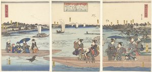 Promy na rzece Sumida Sumidagawa watashi no zu (tytuł na obiekcie) Słynne widoki wschodniej stolicy (tytuł serii) Toto meisho zue (tytuł serii na obiekcie) autorstwa Hiroshige (I) , Utagawa