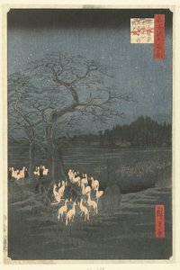 Pożary w sylwestra w Shozoku Nettle Tree w Oji Oji Shozoku enoki omisoka no kitsunebi (tytuł na obiekcie) Sto słynnych twarzy na Edo (tytuł serii) Meisho Edo hyakkei (tytuł serii na obiekcie)