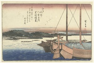 Zachód słońca w Shiba Shibaura no seiran (tytuł na obiekcie) Osiem widoków obszaru Edo (tytuł serii) Edo kinko hakkei no uchi (tytuł serii na obiekcie) autorstwa Hiroshige (I) , Utagawa