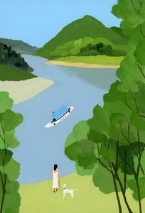 Kobieta patrząca na statek. autorstwa Hiroyuki Izutsu
