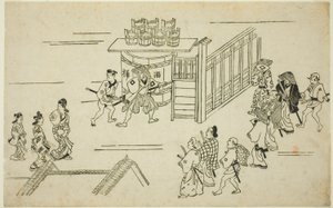 Wejście do Ageyacho, z serii „Wygląd Yoshiwary (Yoshiwara no tei)” autorstwa Hishikawa Moronobu
