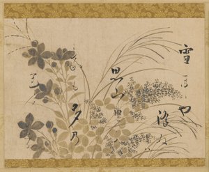 Kwiaty, trawy i wiersz, okres Edo, 1615-1637.