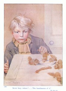 Siedem futrzastych niemowląt, ilustracja z „Więcej o wiewiórkach” Eleanor Tyrell, ok. 1915 (kolor litho) autorstwa Honor Charlotte Appleton
