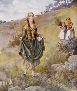 Więc Inger włożyła swoje eleganckie ubrania i nowe buty, z „Dziewczyny, która depcze po bochenku” w wydaniu „Bajek” Hansa Christiana Andersena (1805-75) 1920 (akwarela na papierze)