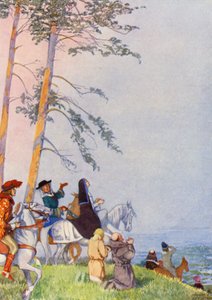 Pierwsze spojrzenie pielgrzymów na Canterbury (kolorowa litografia) autorstwa Honor Charlotte Appleton