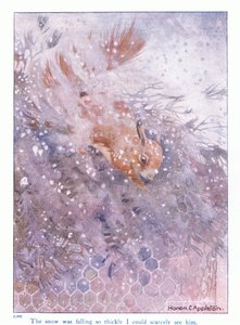 Śnieg padał tak gęsto, że ledwo go widziałem, ilustracja z „Więcej o wiewiórkach” Eleanor Tyrell, ok. 1915 (kolor litho) autorstwa Honor Charlotte Appleton