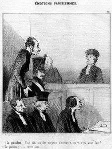 (Prezydent) Miałeś źródło utrzymania, co z nim zrobiłeś? (Oskarżony) Żyję z...,, cyklem karykatur o paryskich emocjach Honore Daumiera (1808-1879). „Charivari” autorstwa Honoré Daumier