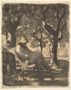 Mężczyzna czytający w ogrodzie prosto, Wstępny szkic do Mężczyzna czytającego w ogrodzie v..., ca. 1865. autorstwa Honoré Daumier