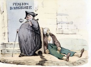 Gruby i reputowany ksiądz obok biednego pacjenta leżącego na ziemi - w „La Silhouette” autorstwa Honoré Daumier