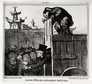 Przybył do Pekinu ambasadorów amerykańskich. In serie En Chine, ilustracja Honore Daumier (1808-1879), opublikowana w „Charivari” z 13 października 1859. autorstwa Honoré Daumier