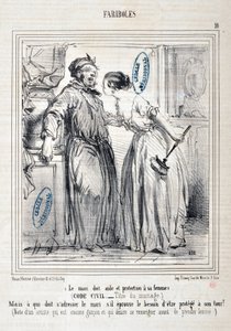 Grafika: Honore Daumier (1808-1879) Charivari: Serie FARIBOLES Le mari doit aide et protection a sa femme (kodeks cywilny – tytuł du mariage) „” – Ale kto musi zwracać się do męża, jeśli czuje potrzebę ochrony z kolei? (Uwaga artysty, który nadal jest autorstwa Honoré Daumier