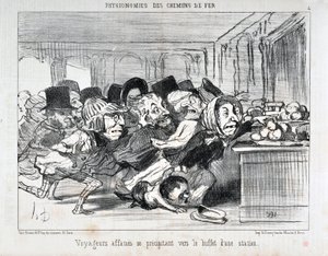 Grafika: Honore Daumier (1808-1879) Charivari data z 1852 r.: Serie PHYONOMIES DES CHAIN ​​DE FERR Głodni podróżnicy pędzący do bufetu na stacji MUSEE DES BEAUX ARTS - PALAIS LONGCHAMP, MARSEILLE autorstwa Honoré Daumier
