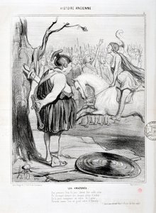 Grafika autorstwa Honore Daumier (1808-1879) Charivari pochodzi z 1842 roku: Serie HISTORIE ANCIE Les Amazones. „” Podczas pierwszego pożaru tego dnia, przed ich szlachetną królową, widziano ich, jak oswajają pełne zapału konie. A młody zwycięzca na środku autorstwa Honoré Daumier