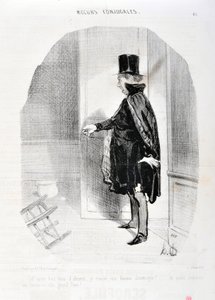 Grafika: Honore Daumier (1808-1879). Charivari pochodzi z 1842 roku: Serie MORES CONJUALES „”Niebo po trzech miesiącach nieobecności znajduję demenagenę mojej żony i jakie wspomnienia obmywam jej wielkim Bogiem! „” MUZEUM SZTUK PIĘKNYCH – PAŁAC LONGCHAMP,  autorstwa Honoré Daumier