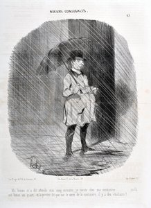 Grafika: Honore Daumier (1808-1879). Charivari pochodzi z 1842 roku: Serie MORES CONJUALES „” Moja żona powiedziała mi, że poczekam na mnie pięć minut, idę do mojego couturiere godzinę na kwadrans temu, a drzwi mówią, że na placu couturiere są studenci! “ autorstwa Honoré Daumier