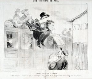 Grafika: Honore Daumier (1808-1879). Charivari pochodzi z 1843 roku: Serie LES Chemins de fer Trzydzieści sekund stacji „” -Tiens Joseph! vla wszystko co mam do wysłania... trzy paczki i podróżnik - Przede wszystkim dbałość o paczki”” MUSEE DES BEAUX ART autorstwa Honoré Daumier