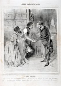 Grafika: Honore Daumier (1808-1879). Charivari pochodzi z 1843 roku: Seria SCENY PARLAMENTARNE. Wizyta wyborcza. MUZEUM SZTUK PIĘKNYCH - PAŁAC LONGCHAMP, MARSEILLE autorstwa Honoré Daumier