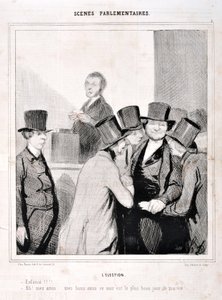 Grafika: Honore Daumier (1808-1879). Charivari pochodzi z 1843 roku: Seria SCENY PARLAMENTARNE. Wybory „Płyń!!! „Ach, moi przyjaciele, moi dobrzy przyjaciele, dzisiejszy wieczór to najważniejszy dzień w moim życiu!” MUZEUM SZTUK PIĘKNYCH - PAŁAC LONGCHAMP, autorstwa Honoré Daumier