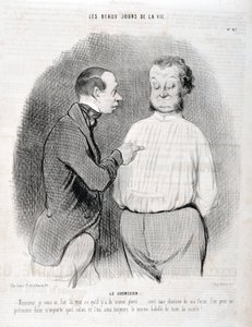 Grafika: Honore Daumier (1808-1879). Charivari pochodzi z 1845 roku: Serie LES BEAUX DAYS DE LA VIE. Bluzka „” -Proszę Pana, uszyła Cię najlepiej... z koszulą na swój sposób możesz zaprezentować się w każdym salonie i zawsze będziemy najlepiej ubrani i autorstwa Honoré Daumier