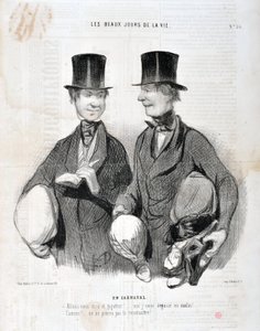 Grafika: Honore Daumier (1808-1879). Charivari pochodzi z 1845 roku: Serie LES BEAUX DAYS DE LA VIE. W Karnawale „” – Śmiejmy się i śmiejmy! Będę rozczarowany, jak sprytny! Słynny! Nie możemy Cię rozpoznać...” MUZEUM SZTUK PIĘKNYCH - PAŁAC LONGCHAMP, MARSE autorstwa Honoré Daumier