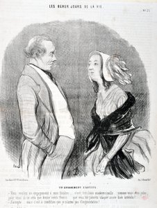 Dzieło sztuki autorstwa Honore Daumier (1808-1879). Charivari pochodzi z 1845 roku: Serie LES BEAUX DAYS DE LA VIE. Zaangażowanie artysty "Chce pan zaangażowania do mojego teatru... to bardzo dobrze panienko... jak pani jest ładna dla pani to będzie tylko  autorstwa Honoré Daumier