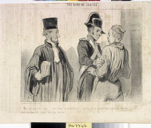 Grafika: Honore Daumier (1808-1879). Charivari pochodzi z 1845 roku: Serie LES PEANS DE SPRAWIEDLIWOŚCI. „” -Moja droga, czego chcesz… mieliśmy nieszczęście… tym razem nie mogłem udowodnić twojej niewinności… ale przy następnym locie mam nadzieję, że będę  autorstwa Honoré Daumier