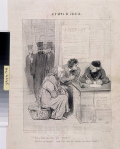 Grafika: Honore Daumier (1808-1879). Charivari pochodzi z 1845 roku: Serie LES PEANS DE SPRAWIEDLIWOŚCI. „Czy musisz napisać list, żeby był czuły? - Zajmuję się komornikiem! Nie jesteś Francuzem, mój dobry człowieku? Przyciemnij 37,5x28. Wyciąg z gazety Le autorstwa Honoré Daumier