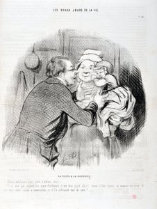 Grafika: Honore Daumier (1808-1879). Charivari pochodzi z 1848 roku: Serie Les beaux jours de la vie. Wizyta u pielęgniarki - Pocałujmy tatusia małe dziecko kochanie - On dziś nie chce ale zwykle...”” MUZEUM SZTUK PIĘKNYCH - PAŁAC LONGCHAMP, MARSEILLE autorstwa Honoré Daumier