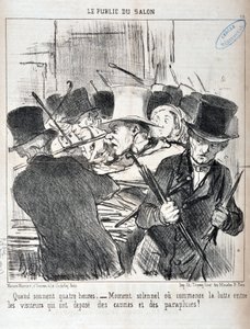 Grafika: Honore Daumier (1808-1879). Charivari pochodzi z 1852 roku: Serie LE PUBLIC DU SALON - „” Kiedy brzmią cztery godziny.- uroczysty moment lub zaczyna się walka między zwiedzającymi, którzy złożyli laski i parasole”” MUZEE DES BEAUX ARTS - PALAIS LO autorstwa Honoré Daumier