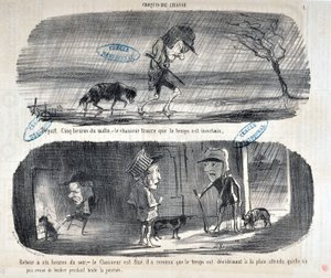 Grafika: Honore Daumier (1808-1879) Charivari pochodzi z 1853 roku: Serie Sketches de Chasse „” Wyjazd Pięć godzin du matin, - le chasseur stwierdza, że pogoda jest niepewna”” „” Powrót do szóstej wieczorem, - myśliwy jest naprawiony, rozpoznał, że autorstwa Honoré Daumier