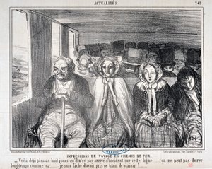 Grafika: Honore Daumier (1808-1879) Charivari pochodzi z 1855 roku: Serie Actualites de voyage en railroad „” -Oto ponad osiem dni, w których nie zdarzył się wypadek na tej linii... tak długo nie może trwać. .. przepraszam, że jechałam tym pociągiem autorstwa Honoré Daumier