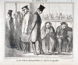 Grafika: Honore Daumier (1808-1879). Charivari pochodzi z 1855 roku: Serie LES Chemins de fer „”Poczekalnia lub kwadrans nieprzyjemnych refleksji”””MUSEE DES BEAUX ARTS – PALAIS LONGCHAMP, MARSEILLE autorstwa Honoré Daumier