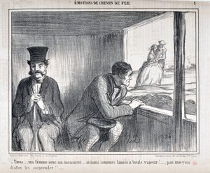 Grafika Honore Daumiera (1808-1879) Charivari pochodzi z 1858 roku: Serie EMOTIONS EN Chemin de fer - „Tutaj... moja żona z dżentelmenem... i idziemy pełną parą!... nie ma mowy o zaskoczeniu im!!...” MUZEUM SZTUK PIĘKNYCH - PAŁAC LONGCHAMP, MARZEC autorstwa Honoré Daumier