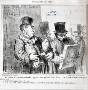 Grafika: Honore Daumier (1808-1879). Charivari pochodzi z 1859 roku: Serie W SPRZEDAŻY „” - Żona poleciła mi przywieźć jej portret zrobiony w Paryżu... Skorzystałem z tej wyprzedaży, żeby kupić ten... -Ale to nie ty... ca. .. - wiem o tym, zrobię t autorstwa Honoré Daumier